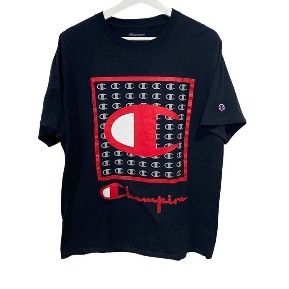 Champion Spell out short sleeve tshirt mens black red Large - Picture 1 of 6